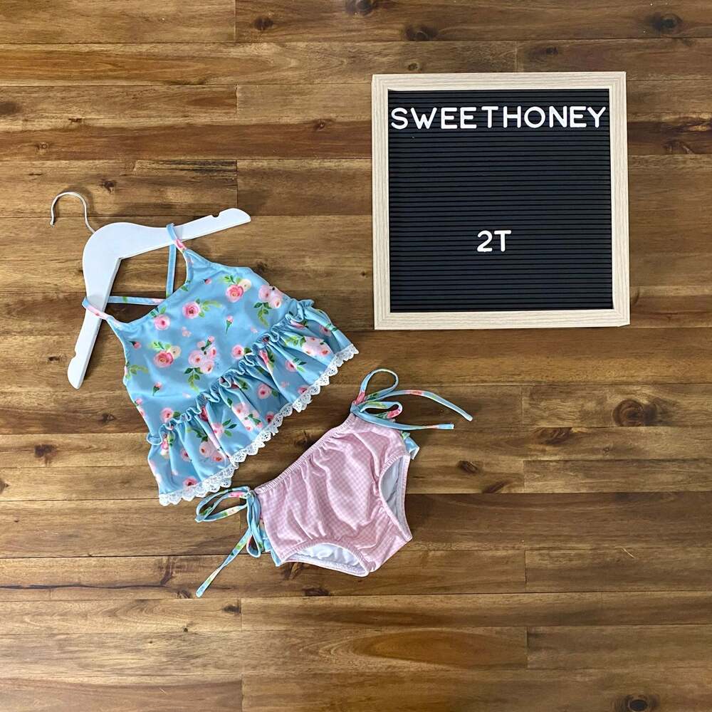 SweetHoney Maddie Tankini Swimsuit Set Nora's Garden Blue Pink Floral Gingham 2T